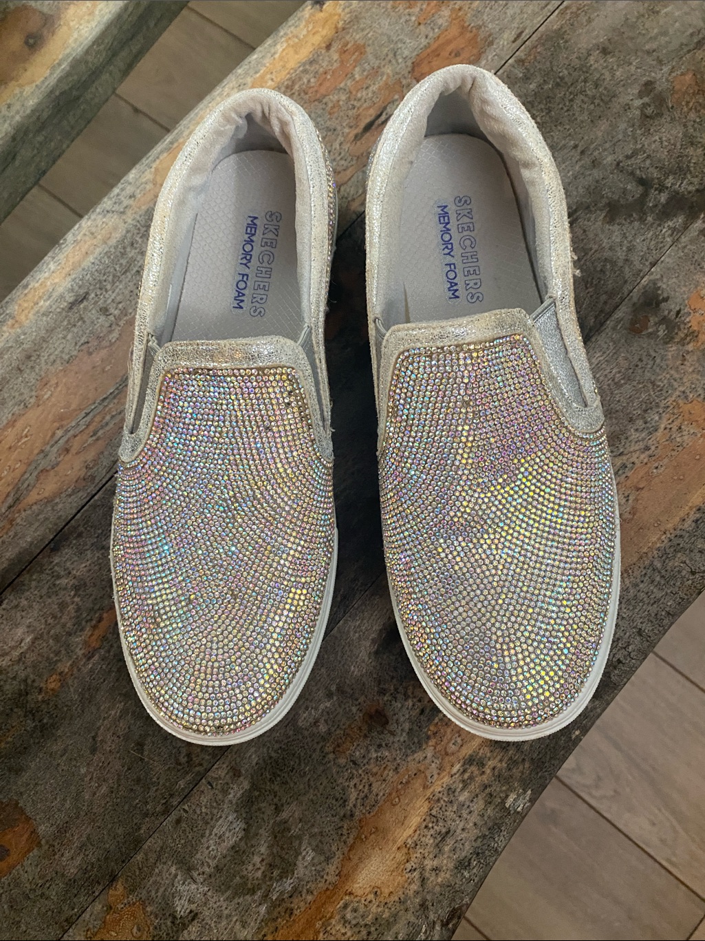 Skechers Iridescent Crystal Slip-On Sneakers In Silver